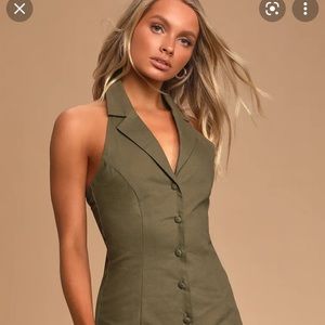 LuLus You're A Natural Olive Green Button-Up Halter Mini Dress